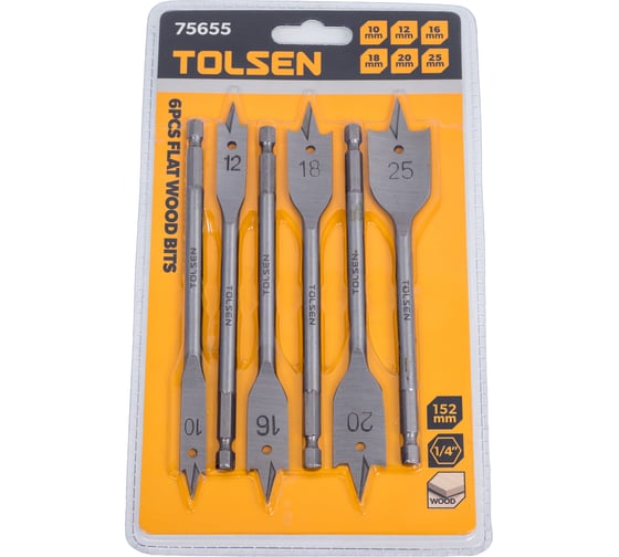 Изображение товара Набор сверл по дереву перовых 10-25 мм, хвостовик HEX 1/4" TOLSEN 75655