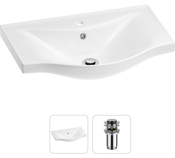 Изображение товара Раковина для ванной Wellsee Bisou в наборе 2 в 1: полукруглая раковина; донный клапан с переливом в цвете хром 202011411