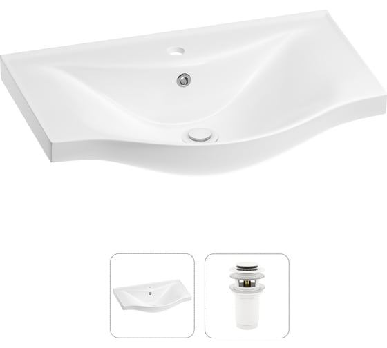 Изображение товара Раковина для ванной Wellsee Bisou в наборе 2 в 1: полукруглая раковина; донный клапан с переливом в цвете матовый белый 202011426