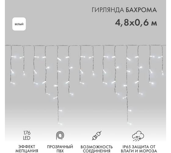 Изображение товара Светодиодная гирлянда Neon-Night Бахрома (Айсикл), 4,8x0,6 м, 176 LED белый, прозрачный ПВХ, IP65, эффект мерцания, 230В (нужен шнур 303-500-1) 255-185