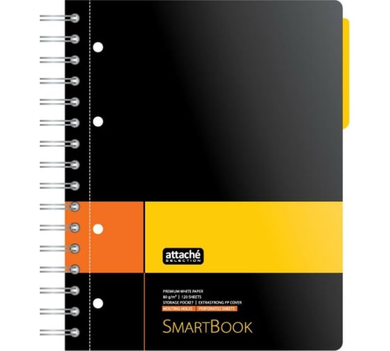 Изображение товара Бизнес-тетрадь Attache Selection SMARTBOOK А5, 120 листов, клетка, спираль, микроперфорация, разделители, карман, желто-оранжевая 272648