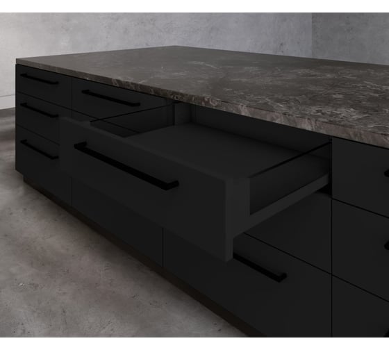 Изображение товара Выдвижной стеклянный ящик для кухни с доводчиком шариковые направляющие скрытого монтажа 450 мм H-86 мм низкий черный GTV PB-AXISPRO-GLASS-KPL450A2