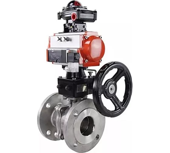 Изображение товара Шаровой кран DN.ru КШФП.316.200 Ду15 Ру40 с пневмоприводом, пневмораспределителем, БКВ, дублером D150-00935