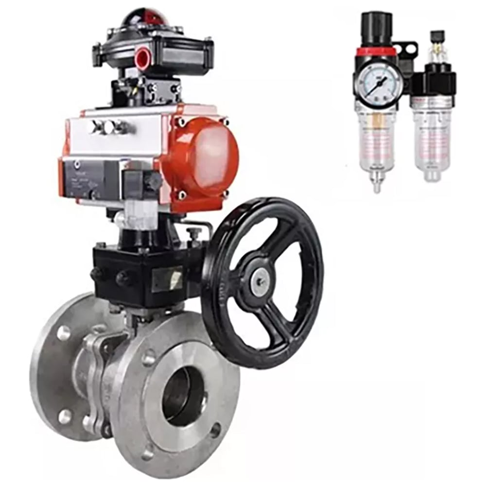 Изображение товара Шаровой кран DN.ru КШФП.316.200 Ду150 Ру16 с пневмоприводом, пневмораспределителем, БПВ, БКВ, дублером D160-31455