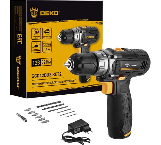 Изображение товара Аккумуляторная дрель-шуруповерт DEKO GCD12DU3 SET2 FU-Li-Ion + оснастка 13 шт, 12 В, 1х1.5 Ач, з/у 063-4146