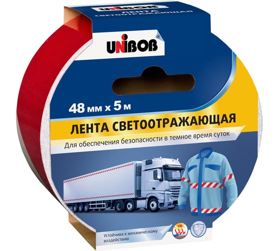Изображение товара Клейкая лента UNIBOB разметочная, светоотражающая, 48 мм х 5 м, Красно Белая 214946