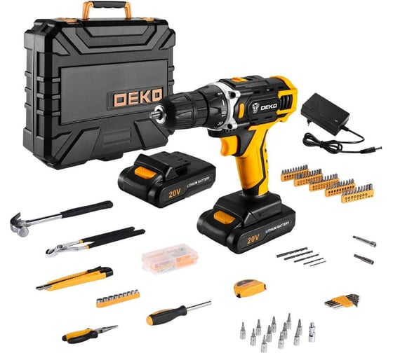 Изображение товара Аккумуляторная дрель-шуруповерт DEKO DKCD20FU-Li + набор 195 инструментов для дома, 20 В, 2х2.0 Ач, в кейсе 063-4135