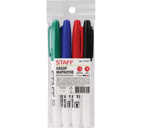 Изображение товара Маркеры STAFF для доски EVERYDAY набор 4 шт, ассорти, тонкий корпус, круглый наконечник 2,5мм, 151097