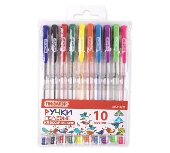 Изображение товара Гелевые ручки Пифагор набор 10 шт., ассорти, прозрачный корпус, узел 0,5 мм, линия 0,35 мм 142794