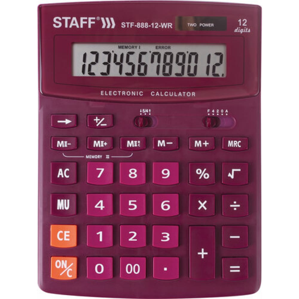 калькулятор настольный staff tf 888 12 wr 200х150мм 12 разр двойное питание бордовый 250454 Настольный калькулятор Staff