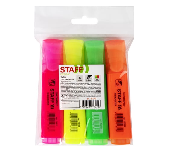 Изображение товара Набор текстовыделителей STAFF 4 шт, ассорти, линия 1-5 мм, 151243