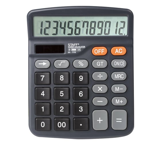 Изображение товара Настольный калькулятор STAFF PLUS DC-111S, компактный 12 разрядов, двойное питание, +батарейка АА 250428