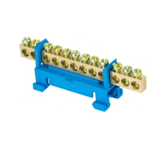 Изображение товара Шина EKF "0" N 12 отверстий, латунь, синий изолятор, тип "Стойка", на DIN-рейку (20шт.)  PROxima sn0-63-12-sb