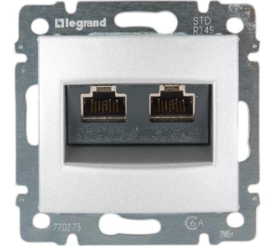 Изображение товара Розетка Legrand компьютерная двойная RJ45 10GB категория 6 STP Legrand Valena монтаж на винтах алюминий 770273