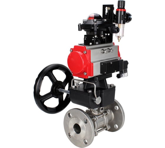 Изображение товара Шаровой кран DN.ru КШФПТ-ISO.304.180 Ду65 Ру25, с пневмоприводом, пневмораспределителем, БПВ, БКВ, дублер D160-10499