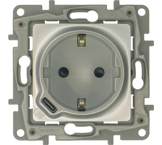 Изображение товара Розетка Legrand с заземлением с USB тип C Legrand Etika со шторками 16А 250В 1500мА 7,5Вт безвинтовые зажимы алюминий 672488