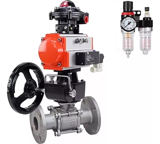 Изображение товара Шаровой кран DN.ru КШФПТ-ISO.316.180 Ду80 Ру25, с пневмоприводом, пневмораспределителем, БПВ, БКВ, дублер D160-31603