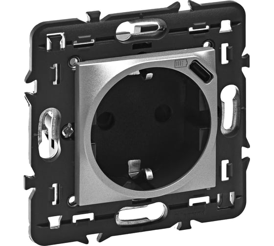 Изображение товара Розетка Legrand 2К+3 с USBC Программа Mosaic немецкий стандарт с суппортом алюминий 079371L