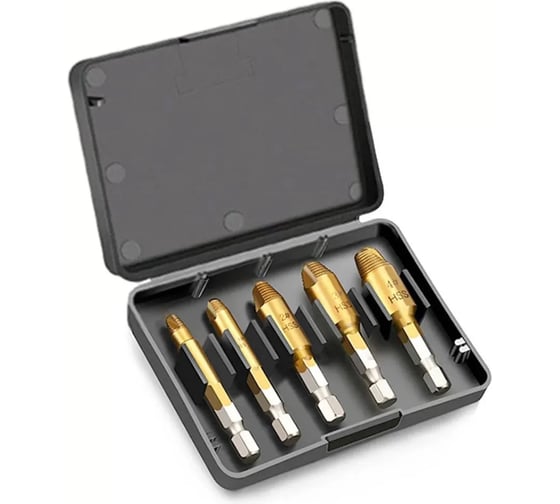 Изображение товара Экстракторы для выкручивания сломанных саморезов и болтов Vitatools набор 5 шт. с кейсом ekstraktory-nabor-5sh