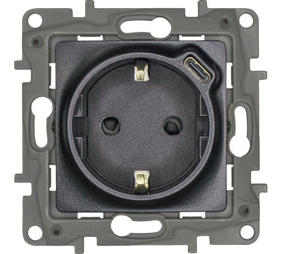 Изображение товара Розетка Legrand с заземлением с USB тип C Legrand Etika со шторками 16А 250В 1500мА 7,5Вт безвинтовые зажимы антрацит 672688