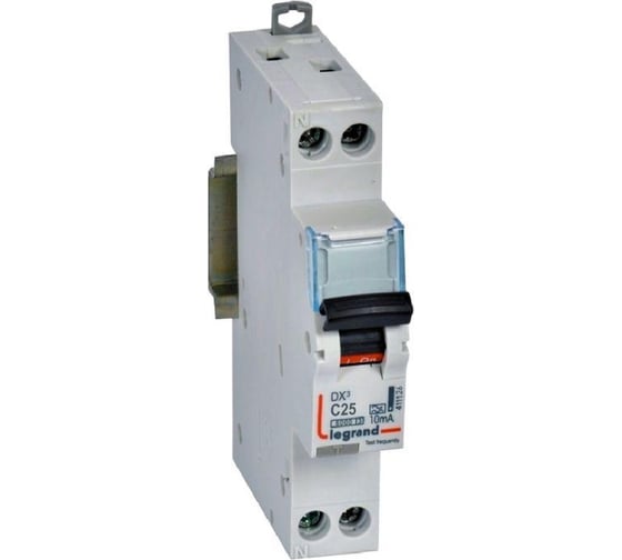 Изображение товара Автоматический выключатель дифференциального тока Legrand АВДТ DX3 1П+Н 6000А C25 10мА тип А (1 модуль) 411126