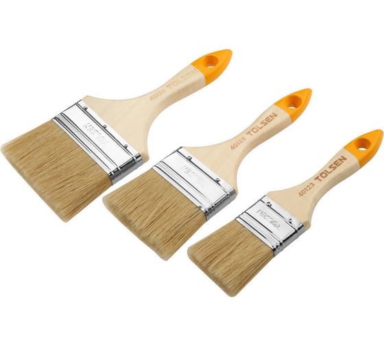 Изображение товара Набор кистей плоских TOLSEN 2-3-4“, смешанная щетина, дерев. ручка, хром. оправка 40145