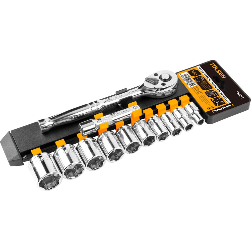 Изображение товара Набор торцевых дюймовых головок TOLSEN 3/8", SAE 5/32-7/8" мм, трещотка 72 зуб., удлинитель, 12 шт 15391
