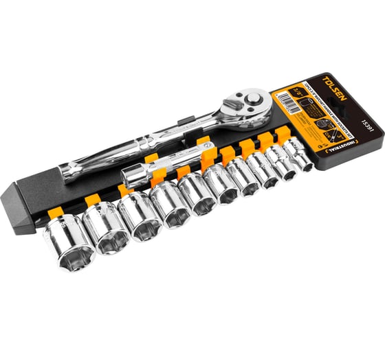 Изображение товара Набор торцевых дюймовых головок TOLSEN 3/8", SAE 5/32-7/8" мм, трещотка 72 зуб., удлинитель, 12 шт 15391