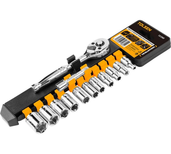 Изображение товара Набор торцевых дюймовых головок TOLSEN 1/4", SAE 5/32-9/16" мм, трещотка 72 зуб., удлинитель, 12 шт 15390