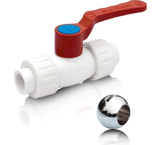 Изображение товара Шаровой кран Blue Ocean полипропиленовый (шар латунь) с 2 сгонами ГВС - 50 PPRF/BVUA-HW-1/PPR(W)-50