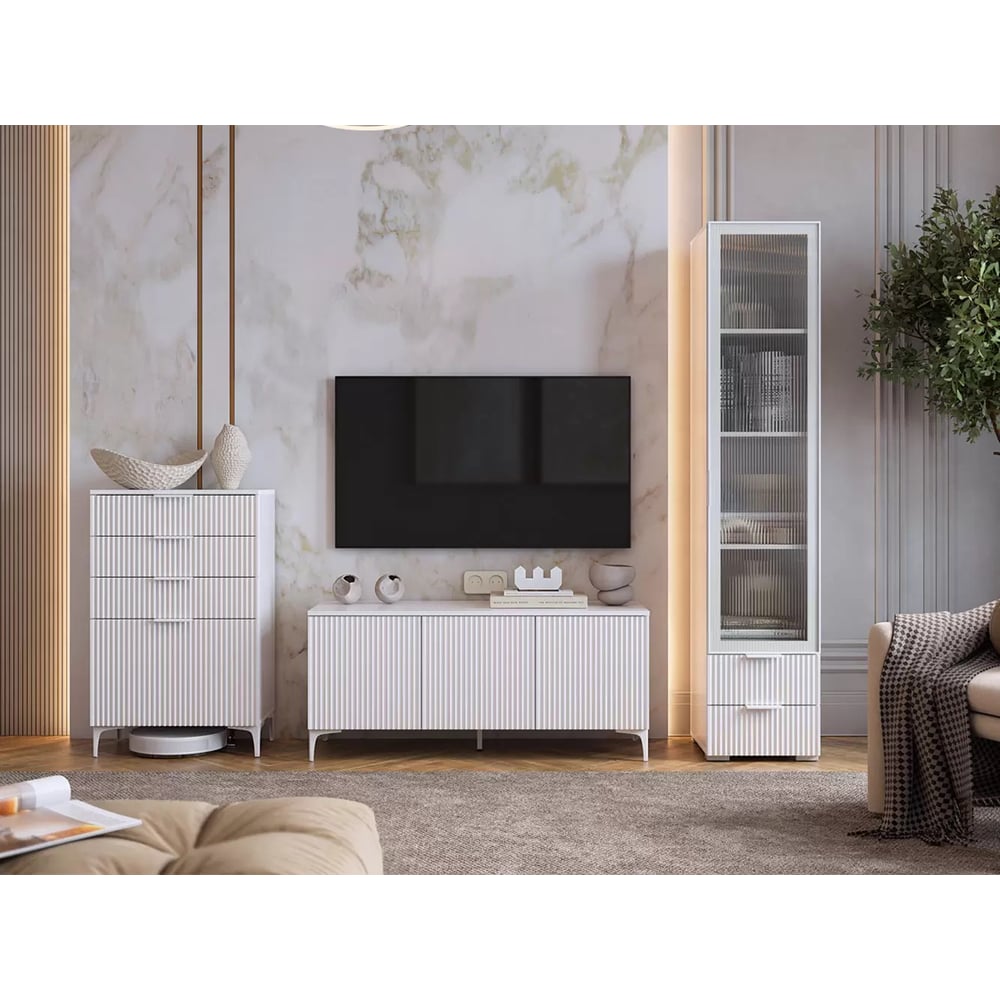 Изображение товара Гостиная Зефир К1 2200x424x1900 белое дерево/белый муар/белый эмаль