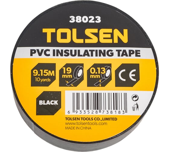 Изображение товара Изолента TOLSEN чёрная ПВХ, 19 мм х 0.13 мм х 9 м 38023