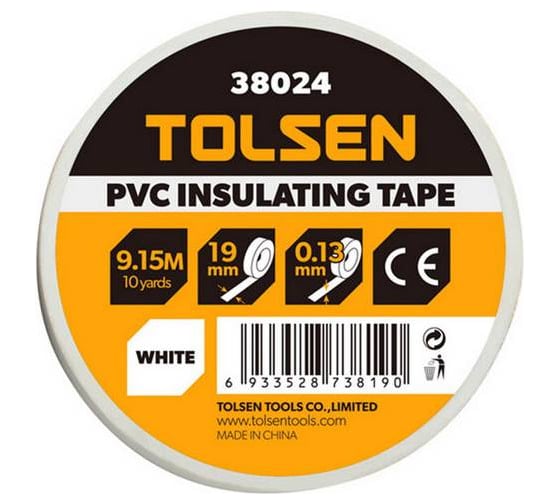 Изображение товара Изолента TOLSEN белая ПВХ, 19 мм х 0.13 мм х 9 м 38024
