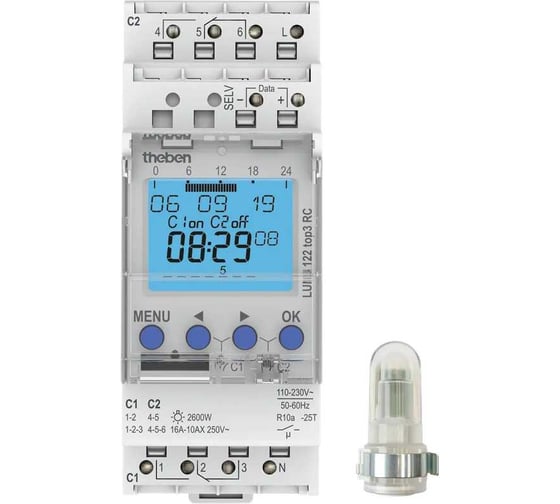 Изображение товара Фотореле с таймером Theben LUNA 122 top3 RC AL, 110-230VAC/16А/2,6кВт, 2 канала, датчик накладного монтажа IP55 1220130
