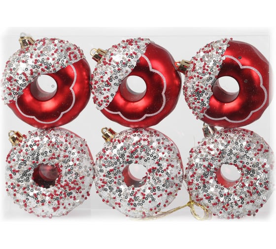Изображение товара Украшение елочное Золотая сказка "Пончики", 6 шт., 8 см, красный/белый, пластик 592171
