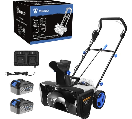 Изображение товара Снегоуборщик бесщеточный аккумуляторный DEKO ST41, 2х20В, 2х5.0Ач, 50см, 2 фары 085-4445