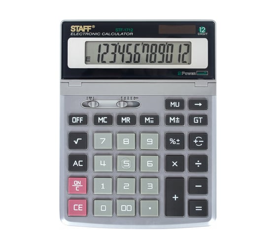 Изображение товара Настольный металлический калькулятор STAFF STF-1712 200х152мм, 12 разрядов, двойное питание, 250121