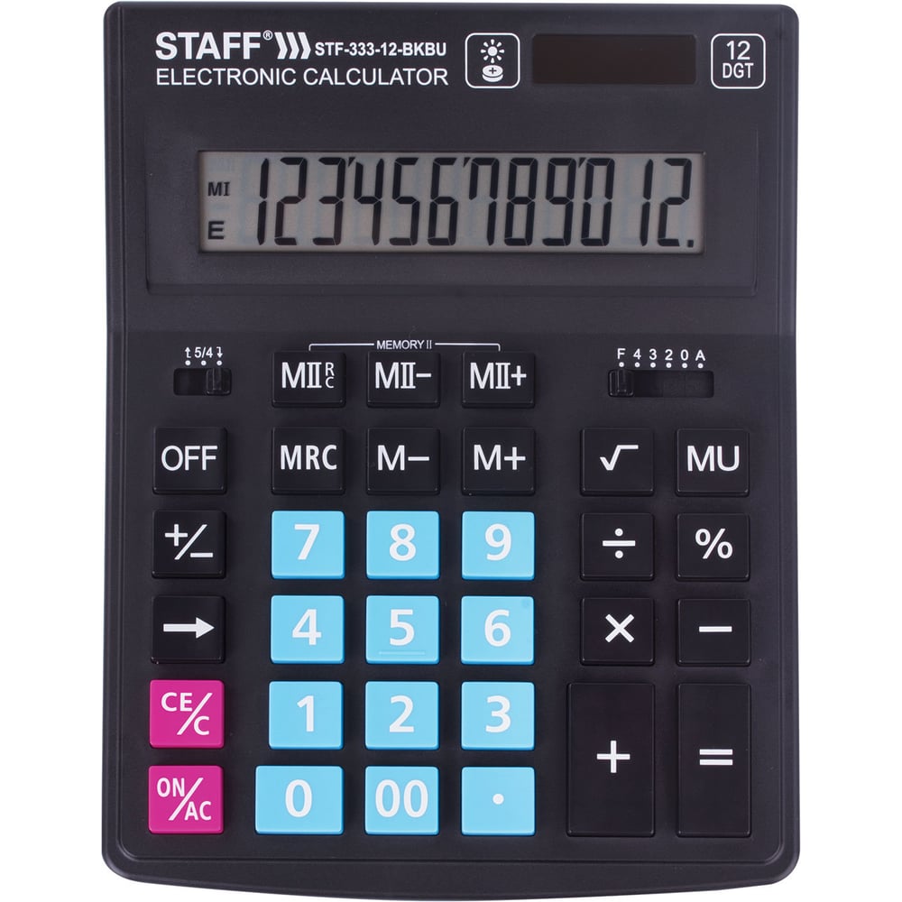 Изображение товара Настольный калькулятор STAFF PLUS STF-333-BKBU 200x154мм 12 разрядов,черно-синий, 250461 Изображение товара Настольный калькулятор STAFF PLUS STF-333-BKBU 200x154мм 12 разрядов,черно-синий, 250461