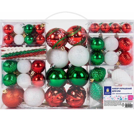 Изображение товара Шары елочные Золотая сказка "Red and Green", набор 132 предмета, красный/зеленый/белый, пластик 592180