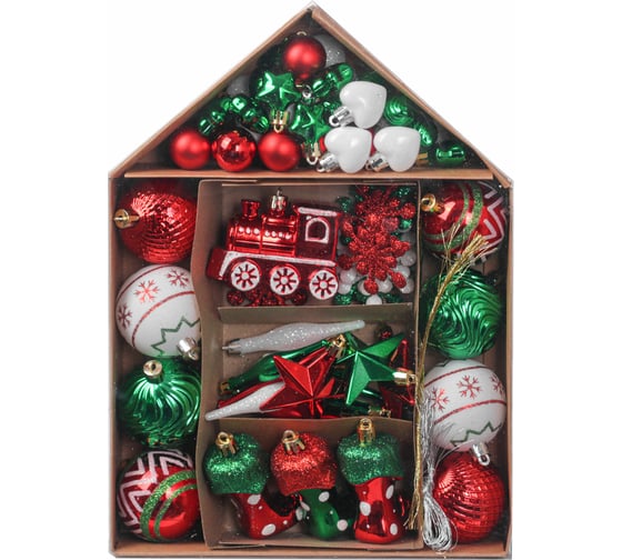 Изображение товара Шары елочные Золотая сказка "Fairy House", набор 73 предмета, красный/зеленый/белый, пластик, 592181