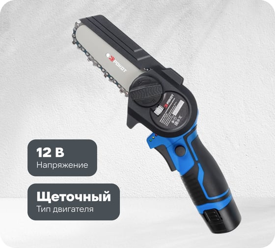 Изображение товара Электропила аккумуляторная цепная РОКОТ 12В, 100 мм, 2.0 Ач, Li-Ion, 5м/с, ЗУ 691-043