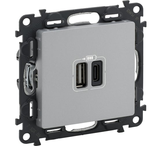 Изображение товара Зарядное устройство Legrand Valena LIFE с двумя USB-разьемами тип A, тип С, 240В/5В 3000мА, с лицевой панелью, цвет алюминий 753306