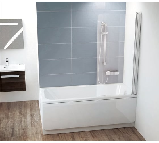 Изображение товара Перегородка (шторка, ширма) на борт ванны одноэлементная, с поворотной частью Ravak CVS1-80 R, правое, профиль белый, прозрачное стекло 7QR40100Z1 00000035781