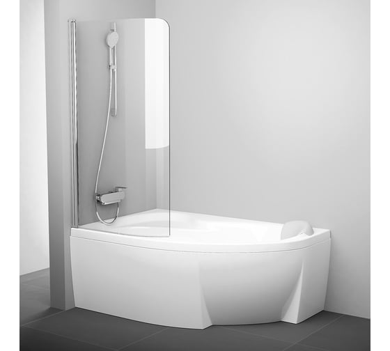 Изображение товара Одноэлементная перегородка (шторка, ширма) на борт ванны, с поворотной частью Ravak CVSK1 ROSA 160/170 L, левая, блестящий профиль, прозрачное стекло 7QLS0C00Y1