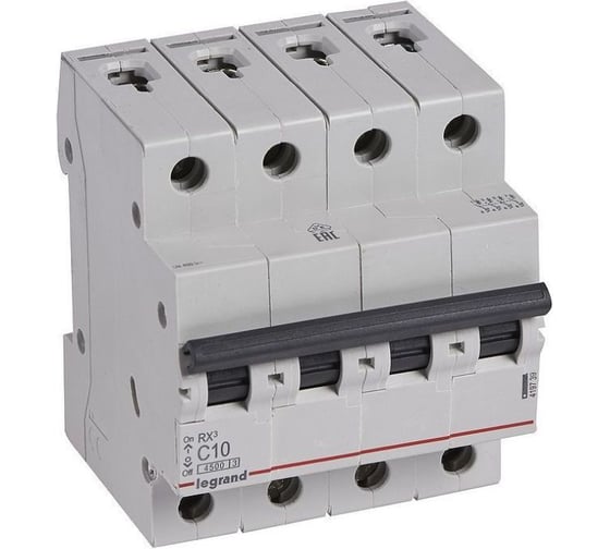 Изображение товара Автоматический выключатель Legrand RX3 4,5кА, 10А, 4П, C 419739