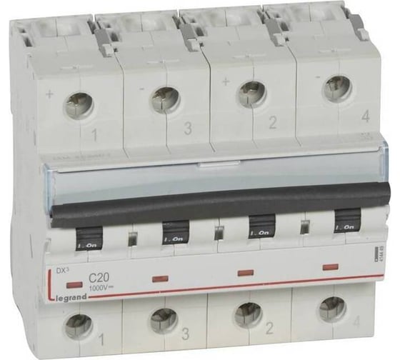 Изображение товара Автоматический выключатель Legrand постоянного тока 1000 В= 20 А 2 защищенных полюса 6 модулей 414449