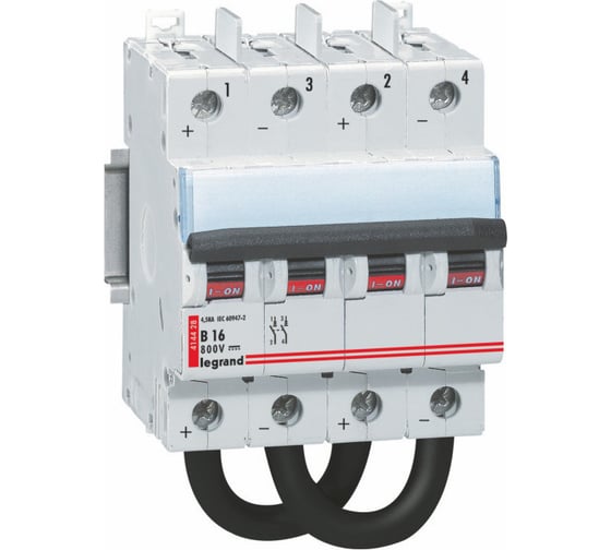 Изображение товара Автоматический выключатель Legrand постоянного тока 800 В= 16 А 2 защищенных полюса 4 модуля 414428