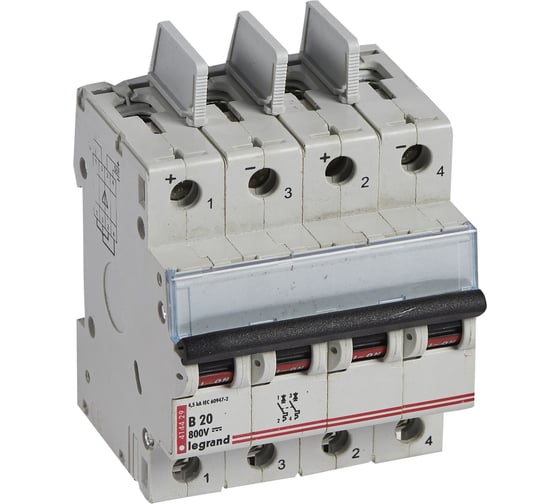 Изображение товара Автоматический выключатель Legrand постоянного тока 800 В= 20 А 2 защищенных полюса 4 модуля 414429