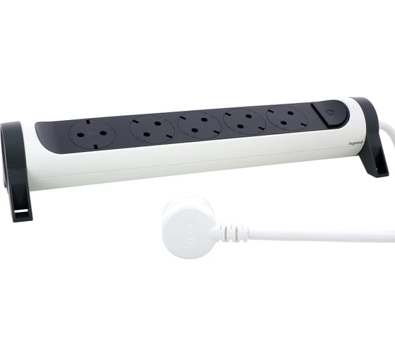Изображение товара Удлинитель Legrand с заземлением 5 розеток с кабелем 1,5 м, с кнопкой включения и поворотным основанием, цвет: белочерный 694531