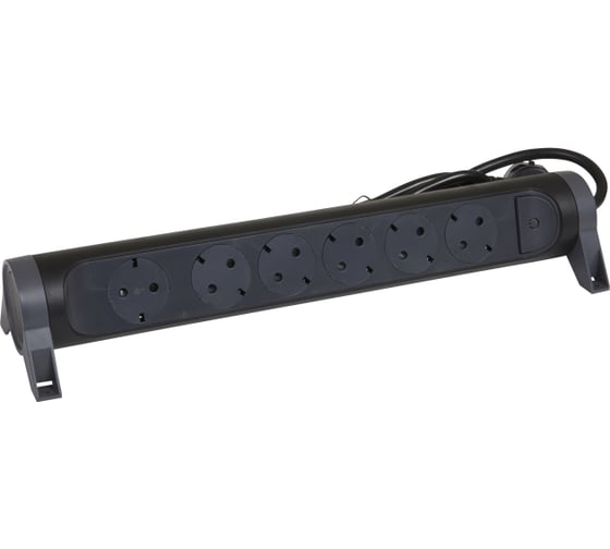 Изображение товара Удлинитель Legrand с заземлением 6 розеток с кабелем 3 м, с кнопкой включения и поворотным основанием, цвет: черный 694540